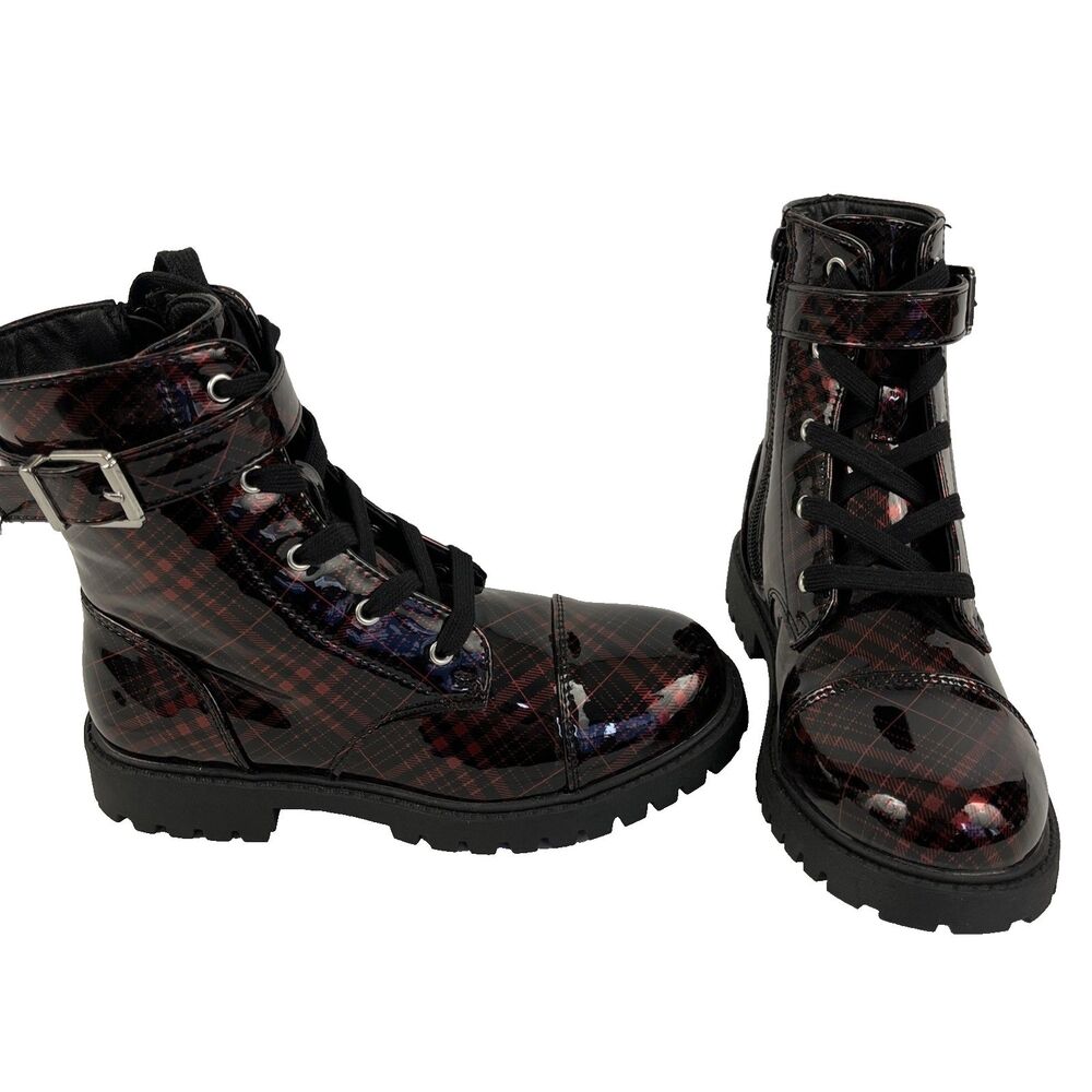 New Women’s Girls Jessica Simpson Red Plaid Combat Boots Size 1 or 12.5 NWOB